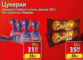 Цукерки «Зоряне Сяйво»/ «Lion», вагові, 100 г ТМ «Світоч»/ "Nestle"