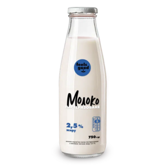 Молоко пастеризоване Feels good 2,5%, скляна пляшка (750г)