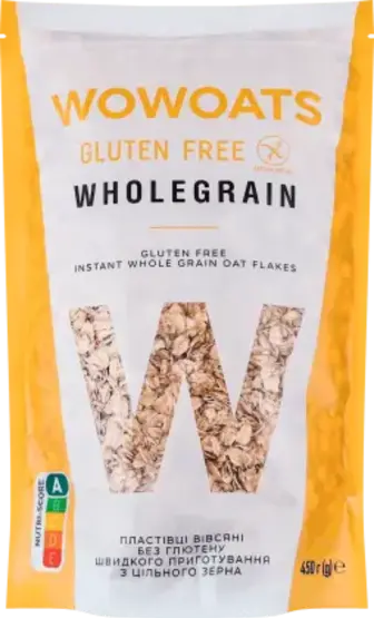 Пластівці вівсяні Wowoats Wholegrain швидкого приготування з цільного зерна без глютену 450 г