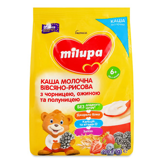 Каша молочна Milupa вівсяно-рисова з чорницею, ожиною та полуницею для дітей від 6 місяців 210 г (5900852067976)