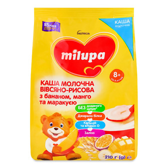 Каша молочна Milupa вівсяно-рисова з бананом, манго та маракуєю для дітей від 8 місяців 210 г (5900852067969)