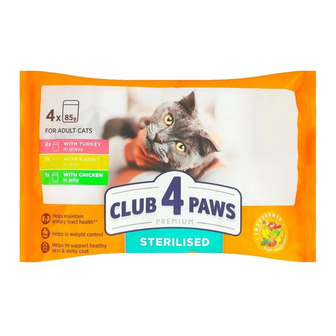 Корм вологий для стерилізованих котів Club 4 Paws Premium З індичкою + З кроликом + З куркою 85 г 4 шт (4820269145245)