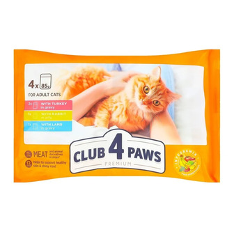 Корм вологий для дорослих котів Club 4 Paws Premium З індичкою + З кроликом + З ягням 85 г 4 шт (4820269145825)