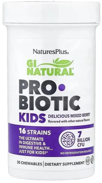 Пробіотик для дітей, 7 млрд КУО, смак ягід, GI Natural, Probiotic Kids, Natures Plus, 30 жувальних таблеток
