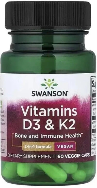 Вітаміни D3 та K2, Vitamins D3 & K2, Swanson, 60 веганських капсул