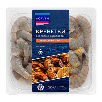 Креветки 330 г Norven охолоджені без голови з цитрусовою сіллю п/конт 