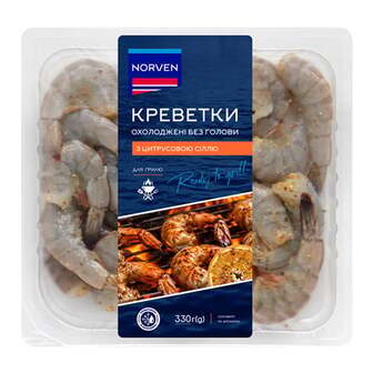 Креветки 330 г Norven охолоджені без голови з цитрусовою сіллю п/конт 