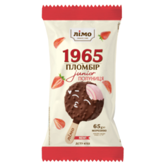 Морозиво Лімо 1965 Junior Ескімо Пломбір-полуниця двошарове у шоколадній глазурі з рисовими кульками 65г