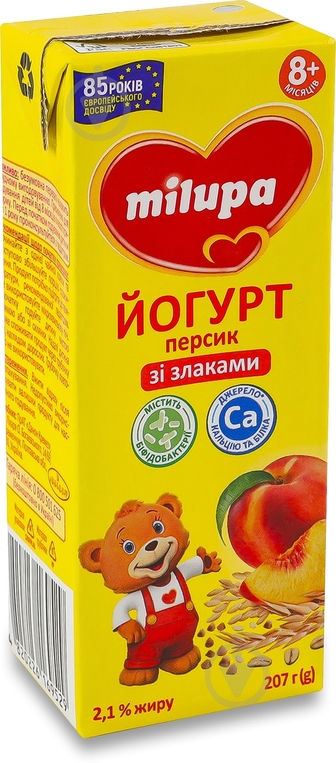 Йогурт Milupa 2.1% для дітей від 8міс з біфідобактеріями з наповнювачем Персик-злаки 207 г