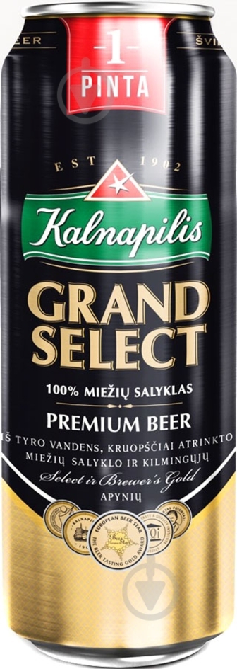 Пиво Kalnapilis Grand Select світле фільтроване ж/б 5,4% 0,568 л