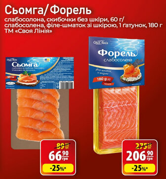 Сьомга/Форель слабосолона, скибочки без шкіри, 60 г/слабосолена, філе-шматок зі шкірою, 1 ґатунок, 180 г ТМ «Своя Лінія»