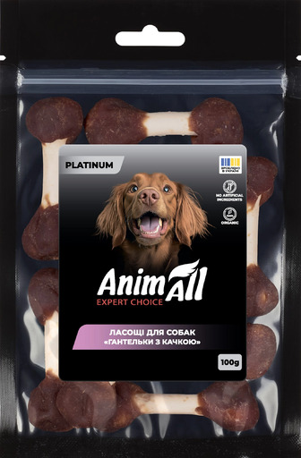 Ласощі для собак AnimAll Platinum Гантельки з качкою 100 г (4820224504032)