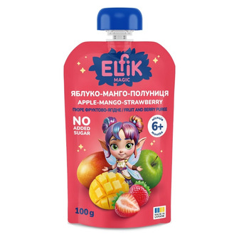 Пюре Elfik Magic Яблуко-манго-полуниця без цукру стерилізоване від 6-ти місяців 100 г (4820266362317)