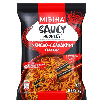 Вермішель Мівіна Saucy Noodles з кисло-солодким смаком із шматочками ананаса 92.5 г (8445292214780)