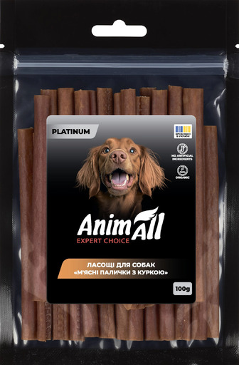 Ласощі для собак AnimAll Platinum М’ясні палички з куркою 100 г (4820224504070)