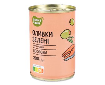 Оливки «Повна Чаша»® зелені фаршировані лососем пастеризовані (290г)