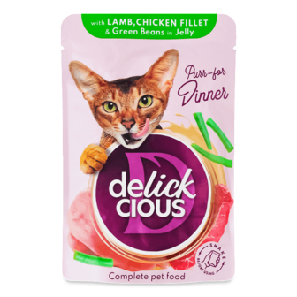 Корм для котів Delickcious шматочки з ягнятиною, курячим філе і квасолею в желе 85г
