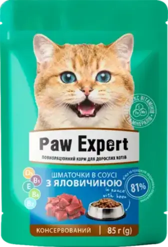 Корм Varto Paw expert для дорослих котів повноцінний консервований з яловичиною 85 г