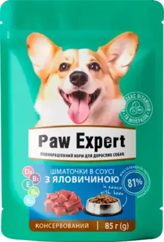 Корм Varto Paw expert для дорослих собак повноцінний консервований з яловичиною 85 г