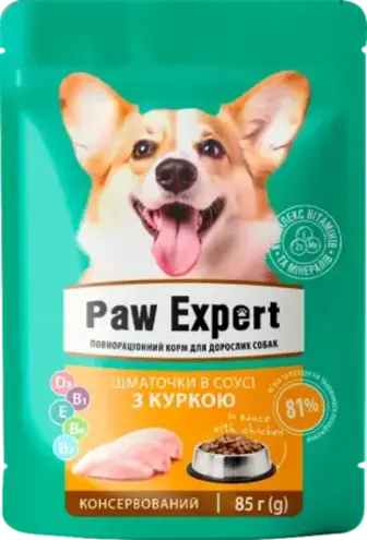 Корм Varto Paw expert для дорослих собак повноцінний консервований з куркою 85 г