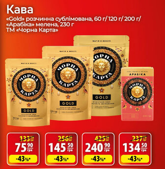 Кава «Gold» розчинна сублімована, 60 г/120 г/ 200 г/«Арабіка» мелена, 230 г ТМ «Чорна Карта»