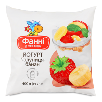 Йогурт полуниця-банан 1% ТМ Фаннi, 400г