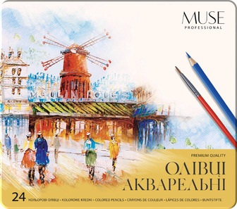 Олівці Muse акварельні шестигранні з пензликом та чинкою 24 кольори (4823088241686)