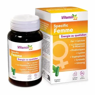 Вітамінний комплекс для жінок, Specifique Femme, Vitamin’22, спеціальний, заряд сил та бадьорості, 60 вегетаріанських капсул на 30 днів