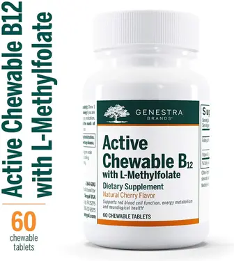Вітамін B12 з L-метилфолатом, Chewable B12 with L-Methylfolate, Genestra Brand, вишневий смак, 60 жувальних таблеток
