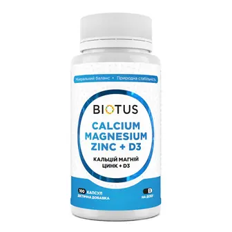 Кальцій, магній, цинк + D3, Calcium, Magnesium, Zinc + D3, Biotus, 100 капсул