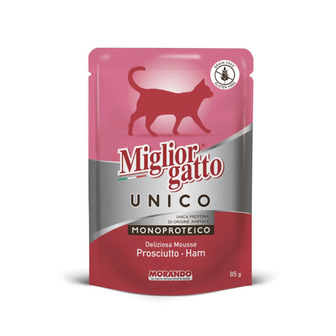 Вологий корм для котів Morando Migliorgatto UNICO мус з прошутто 85 г \ Пауч