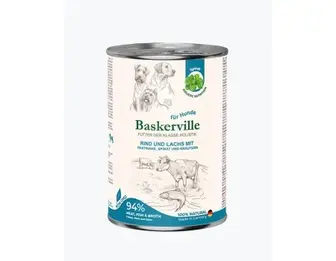 Вологий корм для собак Baskerville Яловичина та лосось з пастернаком, шпинатом та зеленню, 400 г