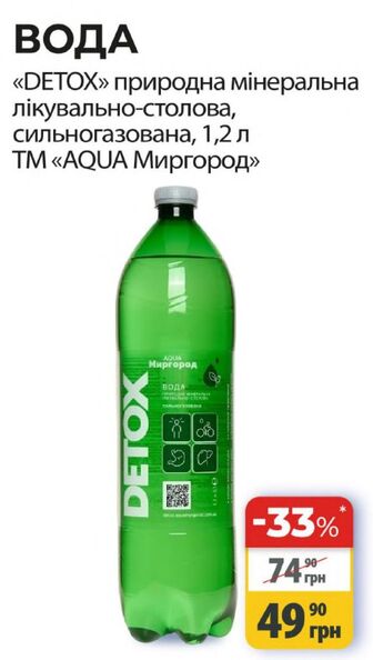 ВОДА «DETOX» природна мінеральна лікувально-столова, сильногазована, 1,2 л ТМ «AQUA Миргород»