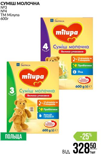 СУМІШ МОЛОЧНА Nº3 Nº4 ТМ Мілупа 600г