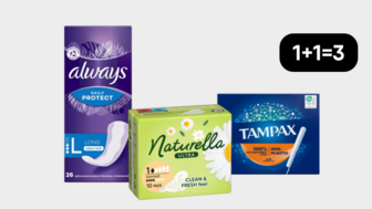 1+1=3 Купуй три за ціною двох! Всі тампони Tampax, всі щоденні прокладки Always, прокладки для критичних днів Naturella