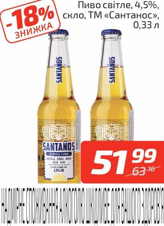 Пиво світле, 4,5%, скло, ТМ «Сантанос», 0,33 л