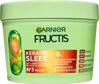Маска Garnier Fructis Keratin sleek Розгладження та надання блиску для пухнастого та сухого волосся 370 мл