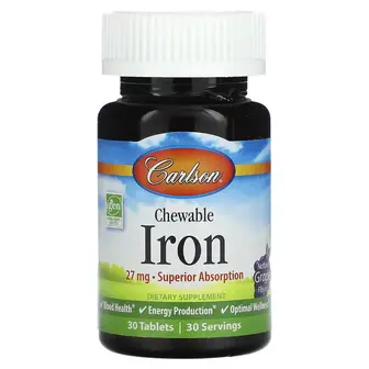 Залізо, Chewable Iron, Carlson, смак винограду, 27 мг, 30 жувальних таблеток