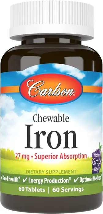 Залізо, натуральний виноградний смак, Chewable Iron, Carlson, 27 мг, 60 таблеток