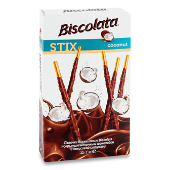 Соломка Biscolata Stix Milky в молочному шоколаді з кокосом 32 г (8691707140025)