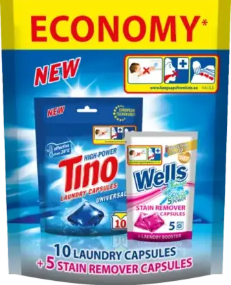Капсули для прання Tino High-Power універсальні 10 шт + Плямовивідник Wells 5 шт