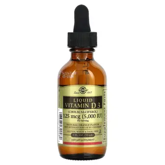 Вітамін D3, Liquid Vitamin D3, Solgar, 125 мкг (5000 МО), рідкий, смак апельсину, 59 мл