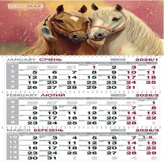 Календар настінний квартальний 2026 рік Buromax 3 пружини рік коня BM.2105.10