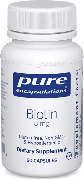 Біотин, Biotin, Pure Encapsulations, для зняття стресу, зміцнення волосся, шкіри та нігтів, метаболізму, підтримки глюкози та нервової системи, 8 мг, 60 капсул