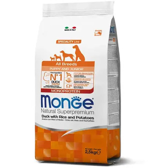 ТЕРМІН 11.2025!!! Monge Dog All breeds Puppy & Junior качка з рисом 2,5 кг