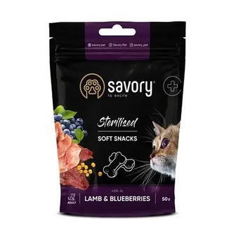 ТЕРМІН 03.2026!!! Ласощі м’які для котів Savory Sterilized 50 г - ягня та чорниця