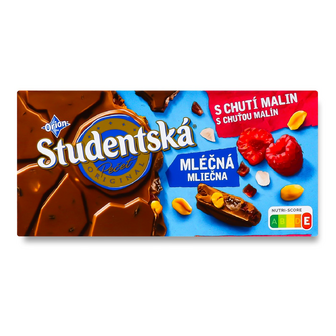 Шоколад молочний Studentska з арахісом, шматочками желе та малини, 170г