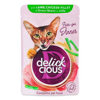 Корм для котів Delickcious шматочки з ягнятиною, курячим філе і квасолею в желе, 85г
