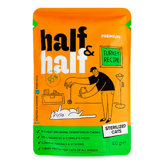Корм для стерилізованих котів Half&Half з індичкою в желе, 100г