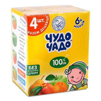 Сік Чудо-Чадо яблуко-абрикос, яблуко, яблуко-персик, яблуко-груша, 4*200мл